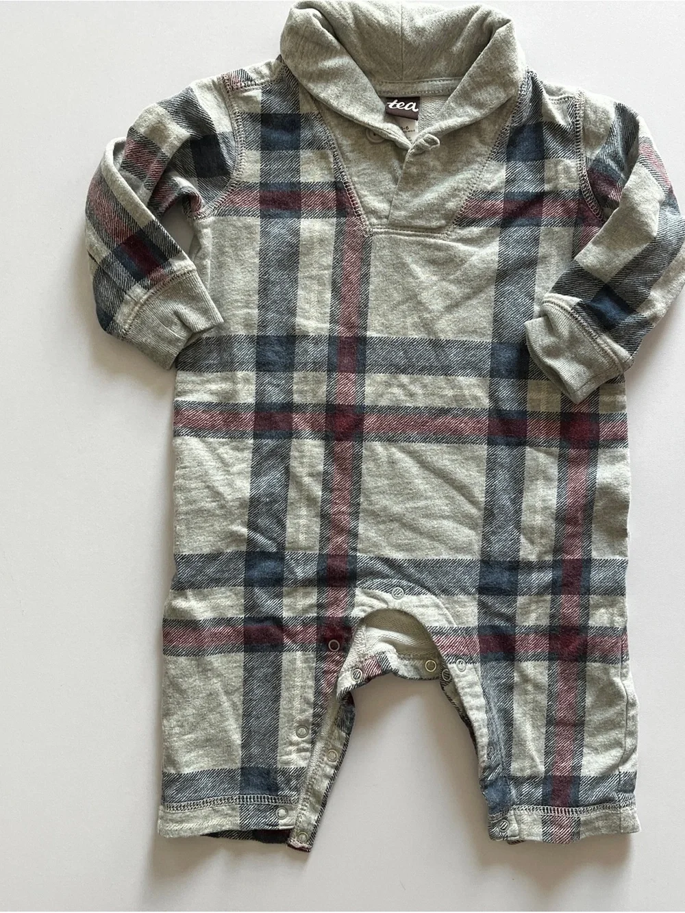Tea Collection romper baby boy 3-6 months cotton long sleeve plaid cotton gray